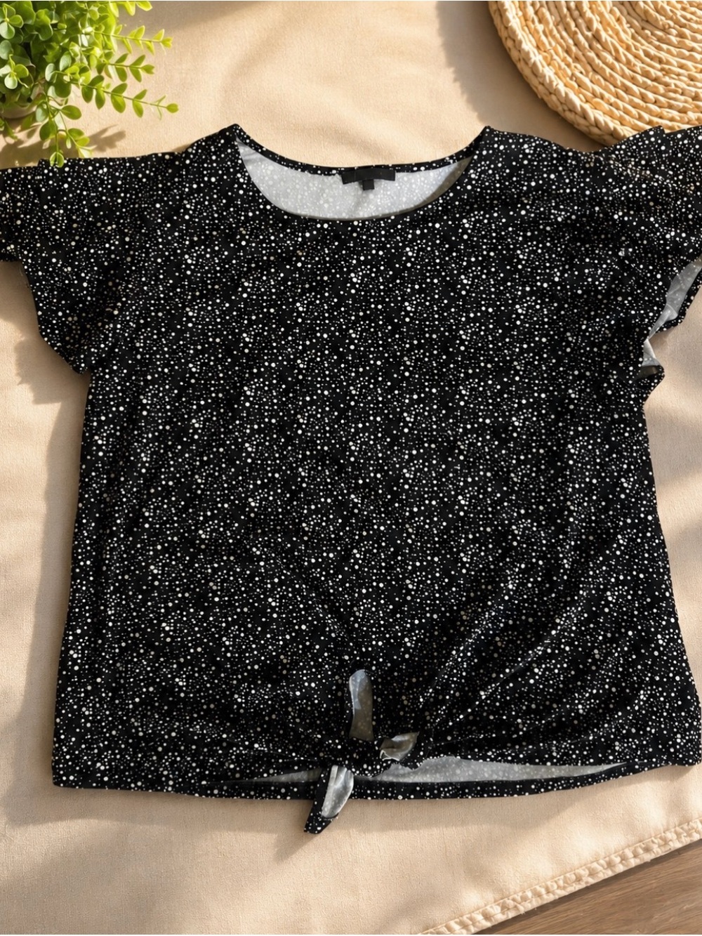 Adrianna Papell Black Star Dot Tie-Front Blouse
